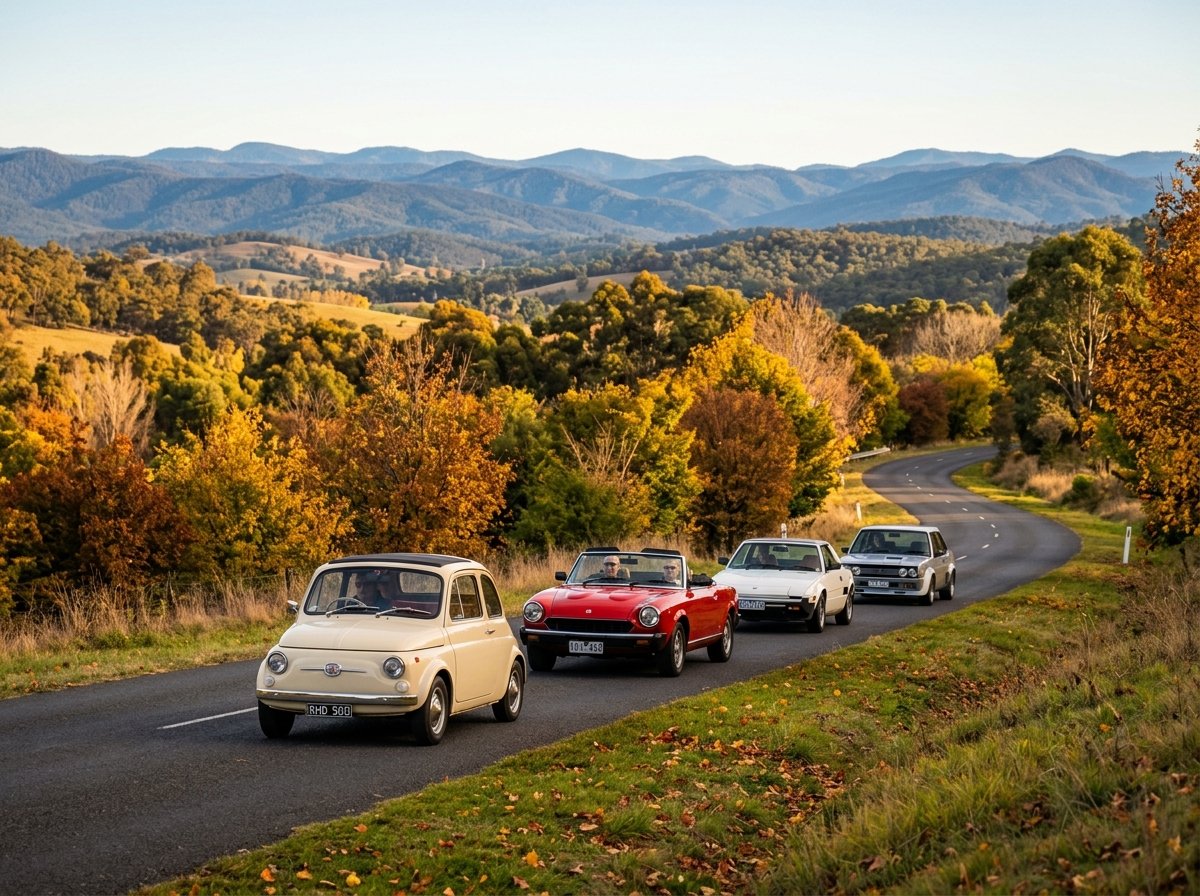Fiats on a scenic drive through autumn North East Victoria