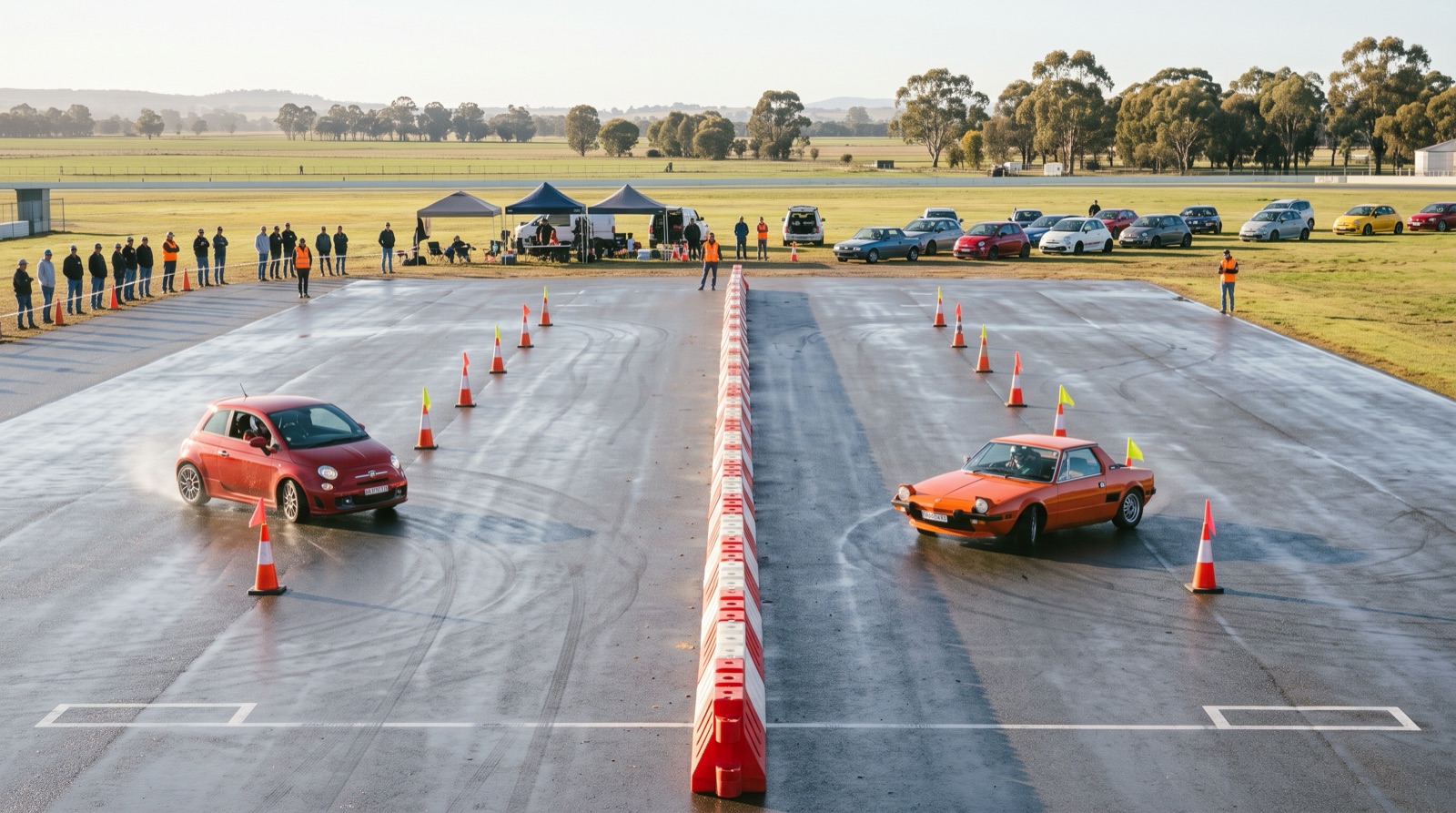 Two Fiats racing side by side through the slalom on the skid pan at Winton