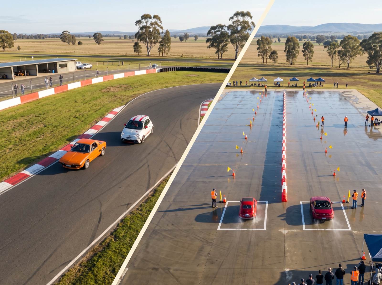 Fiats on the Winton circuit on the Track Day, and two Fiats racing through the slalom on the Skid Pan