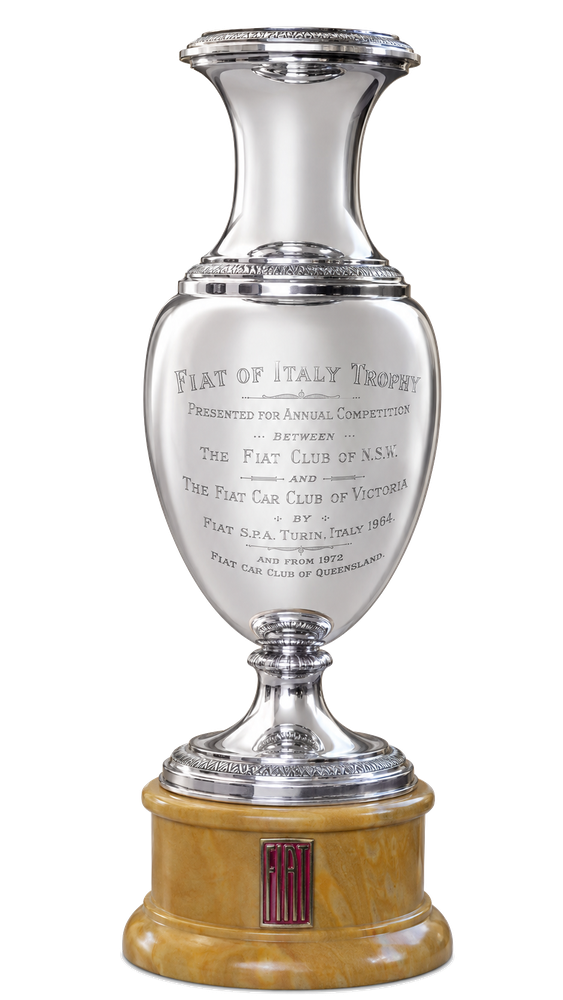 The Fiat of Italy Trophy, an engraved silver urn on a marble plinth bearing the Fiat badge